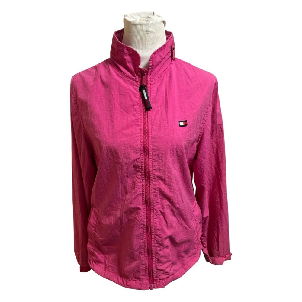 Tommy Hilfiger Vtg Y2K Pink Lightweight Windbreaker Jacket packable Hood Large